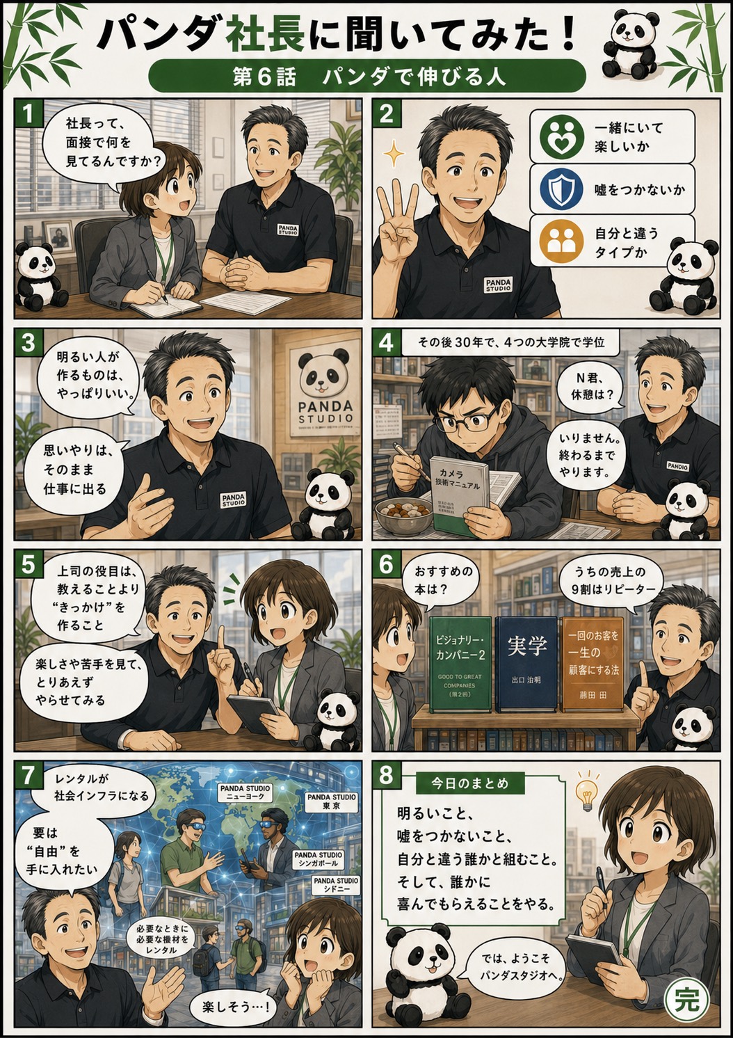 8コマ漫画 第6話。明るいこと、嘘をつかないこと、自分と違う誰かと組むことがパンダで伸びる人だという話。