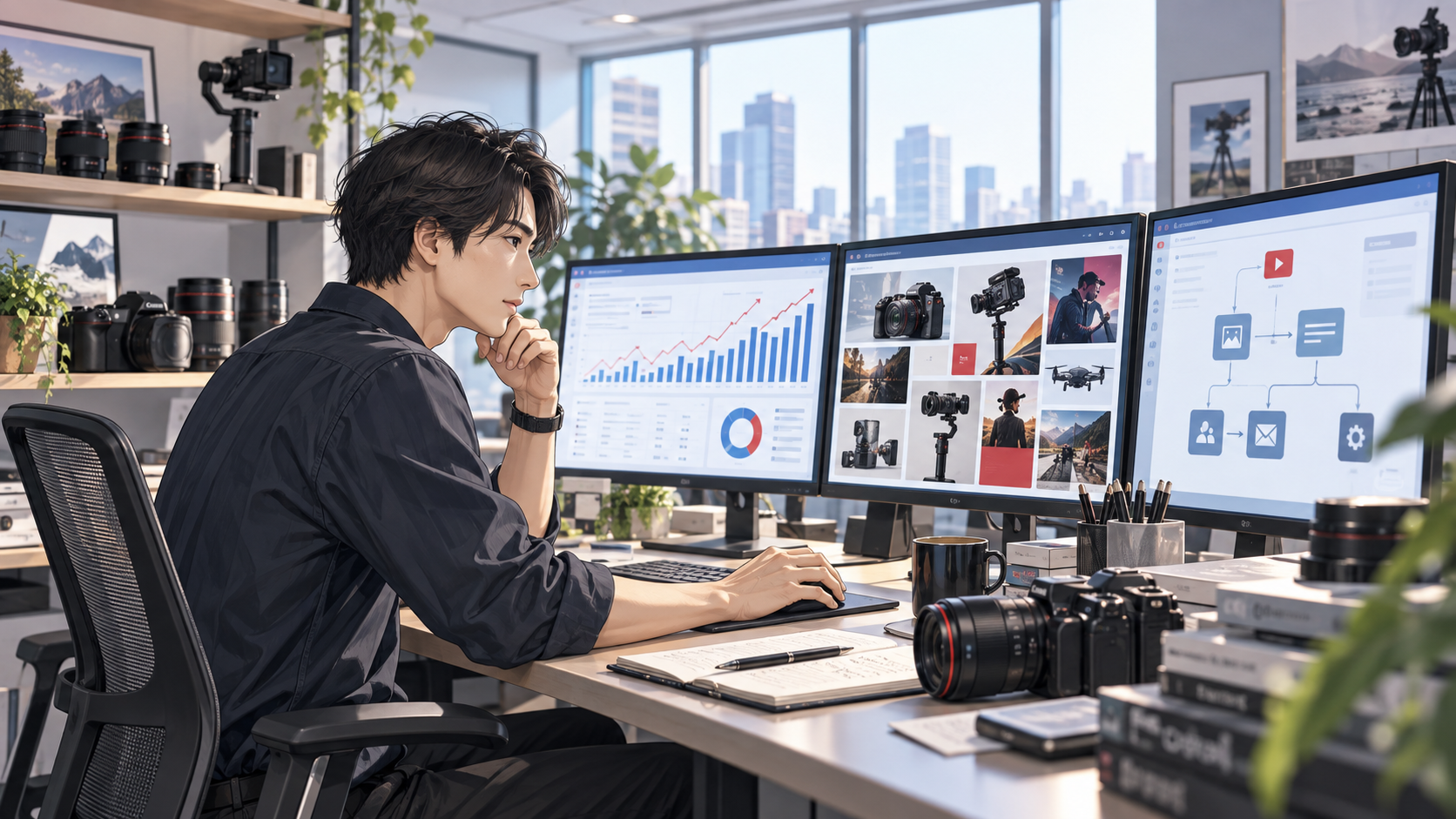 AIを活用して広告制作と効果分析に取り組むマーケティング担当者のイラスト