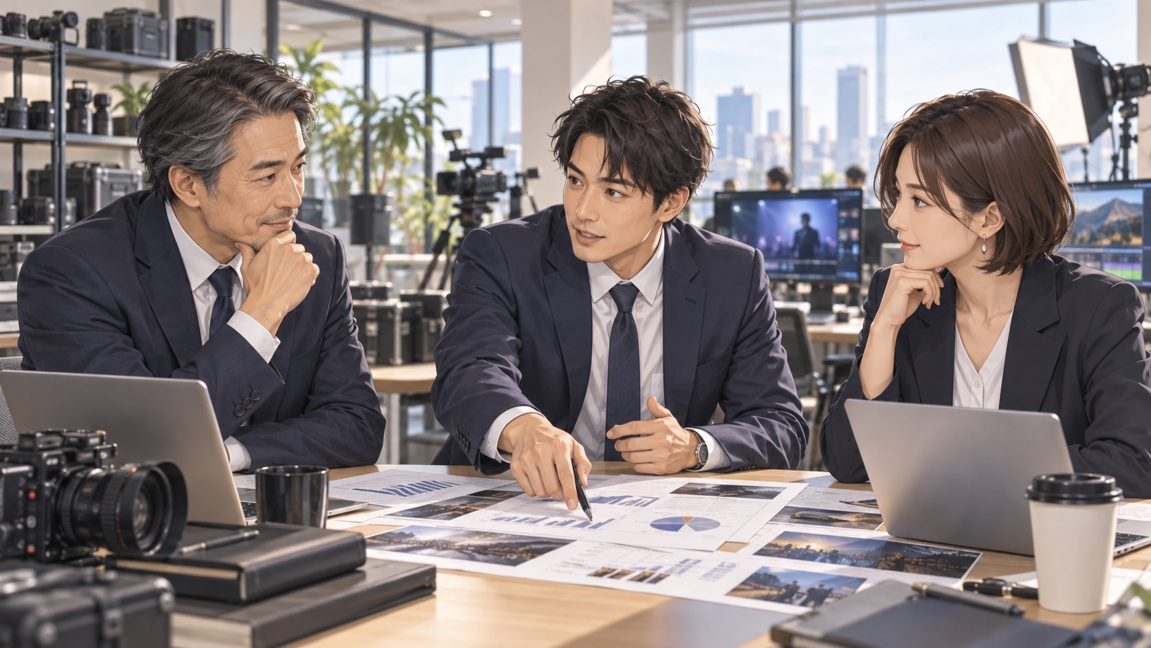 映像機材のあるオフィスで経営陣が事業計画を話し合うイラスト