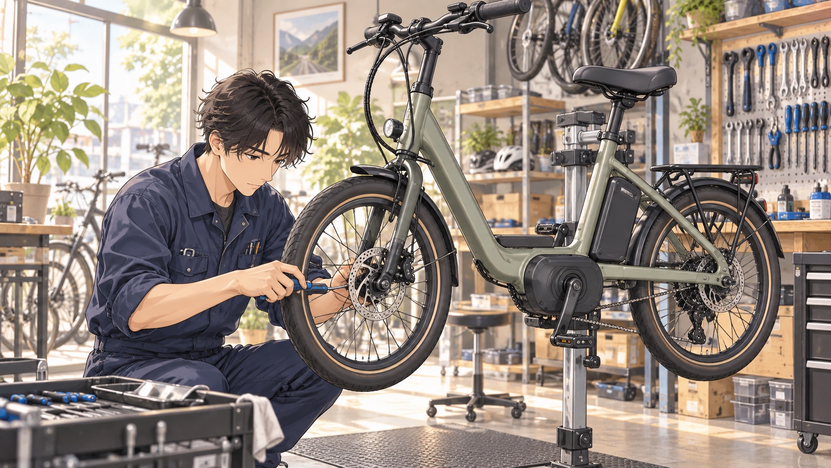 明るい作業場で電動自転車のブレーキを工具で調整する整備担当者のイラスト