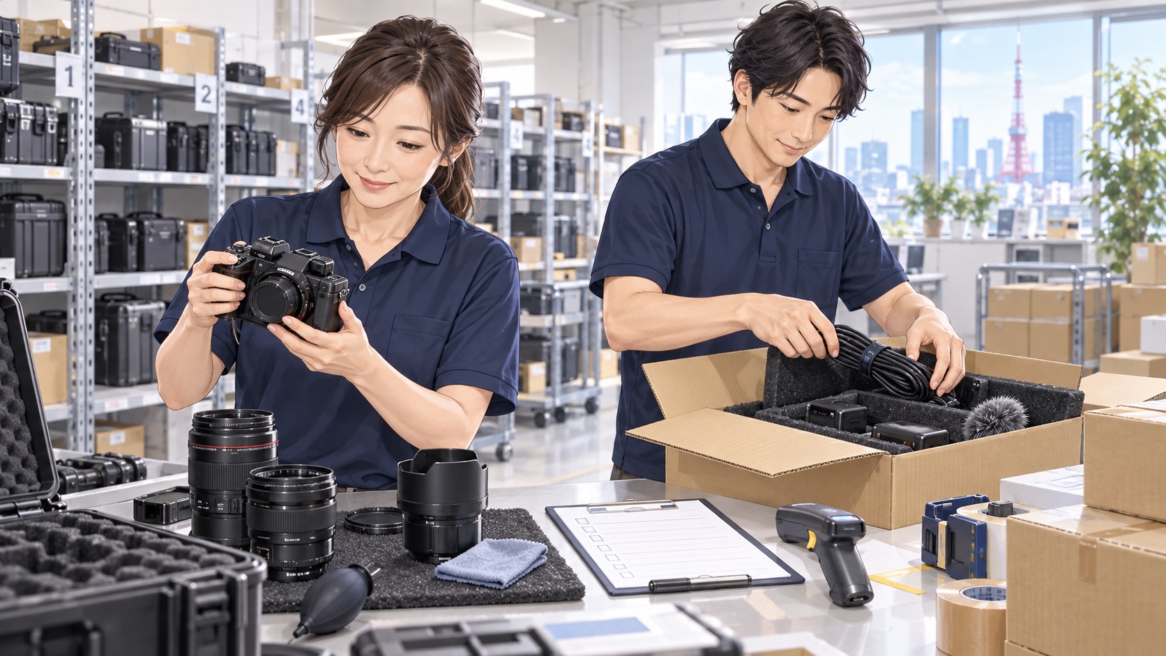 レンタル機材の検品と出荷のための梱包を行うパート・アルバイトスタッフのイラスト