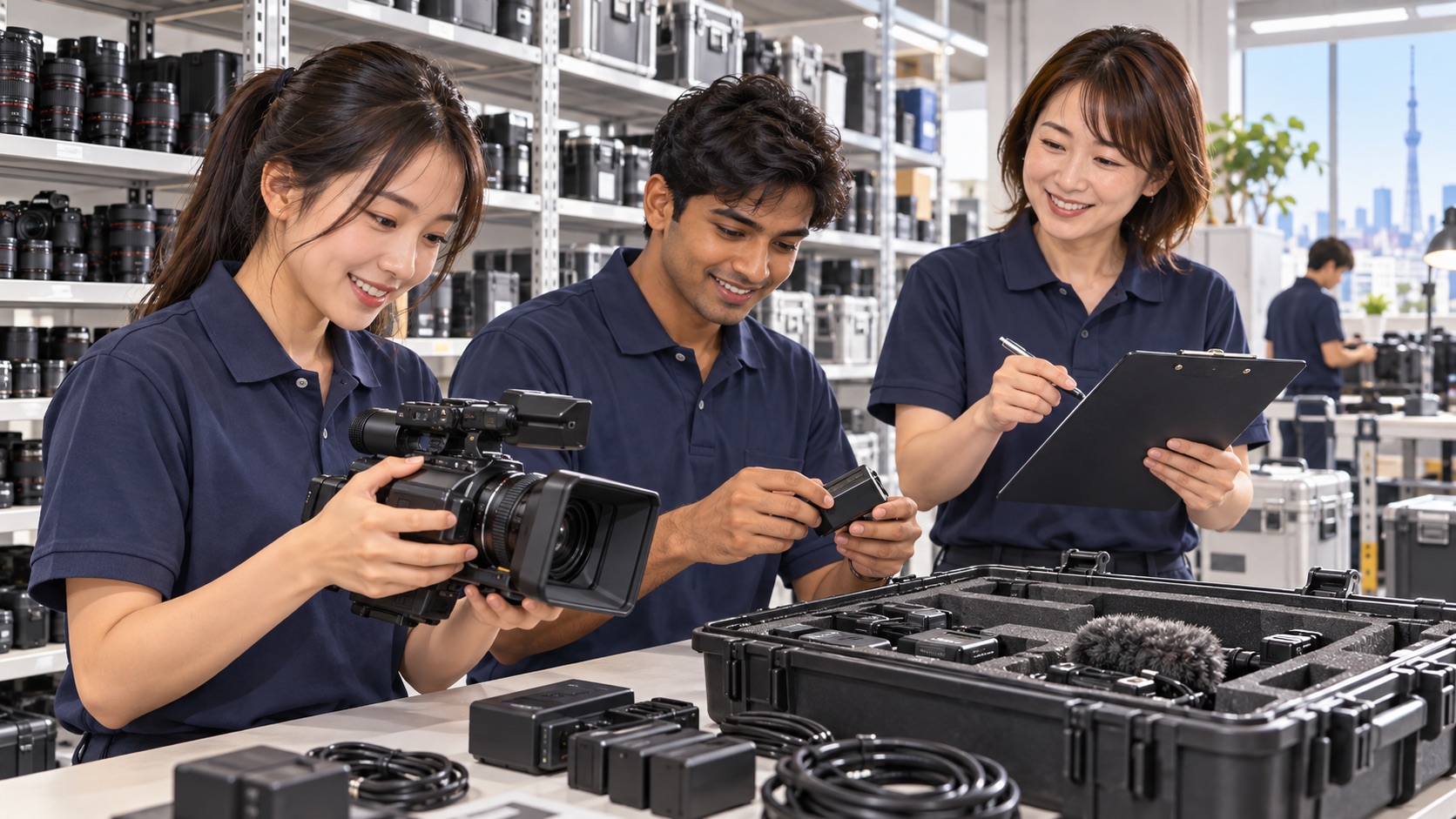 先輩スタッフに教わりながらレンタル映像機材を検品する留学生スタッフのイラスト