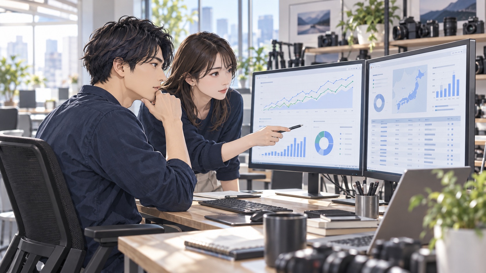 レンタル機材のあるオフィスでデータとWebサイトの分析画面を確認するエンジニアのイラスト