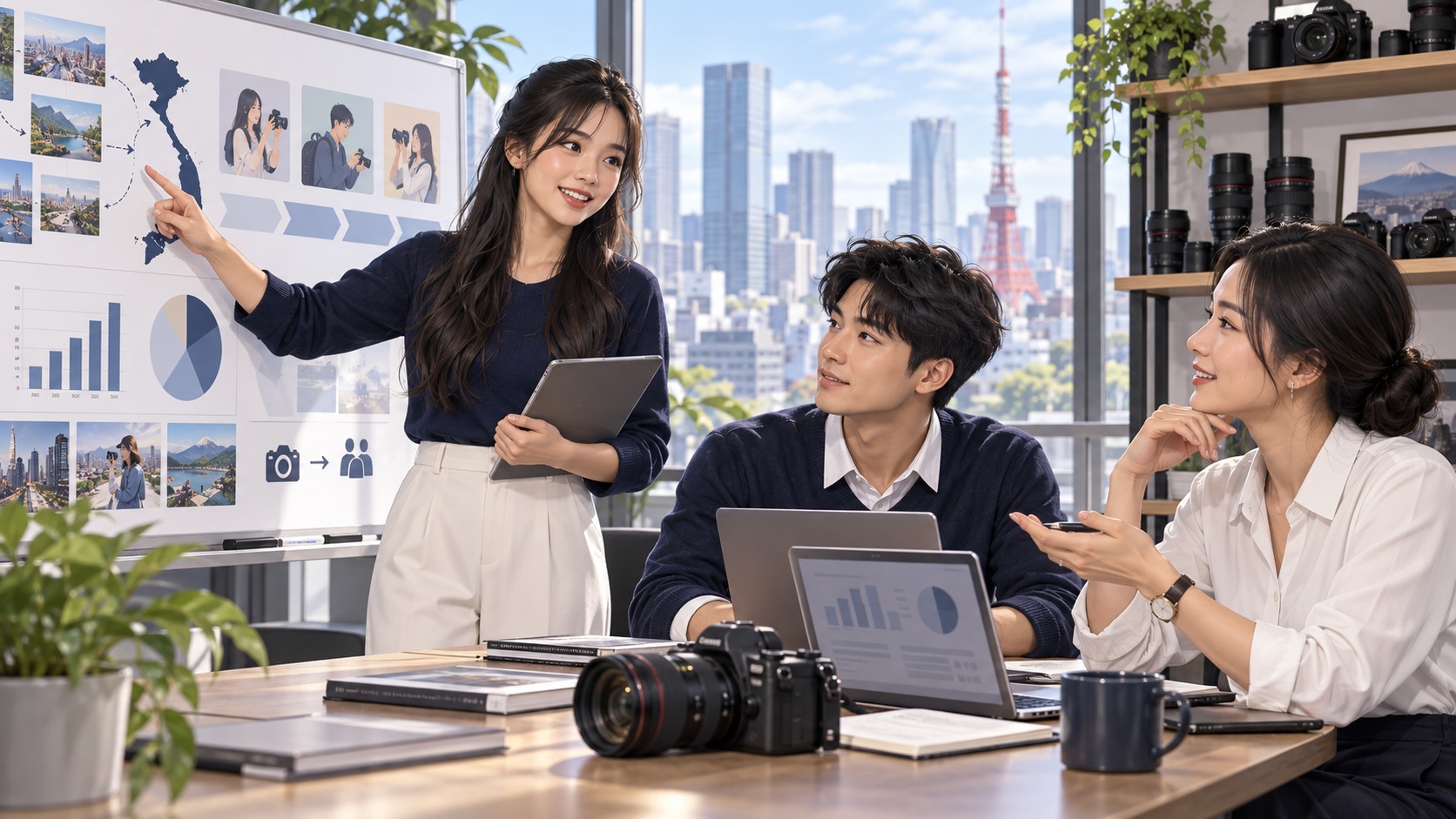 ベトナム市場の調査結果とレンタル事業の企画を提案するベトナム人留学生インターンのイラスト