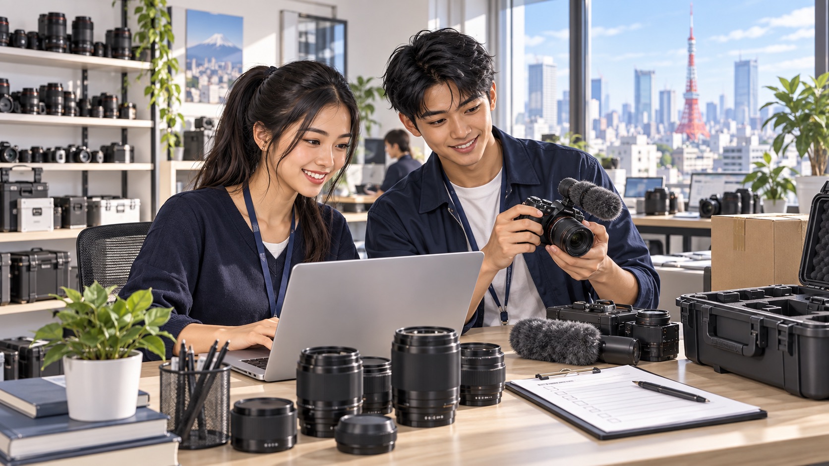 東京のオフィスで商品情報の登録とレンタル機材の確認に取り組むベトナム人留学生スタッフのイラスト